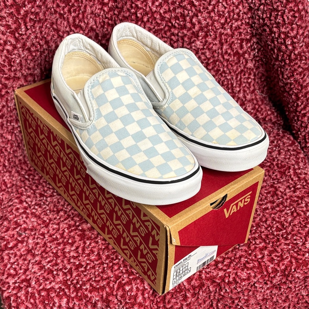 Vans Slip-On Checkerboard Sneakers in Light Blue and White - Picture 1 of 7